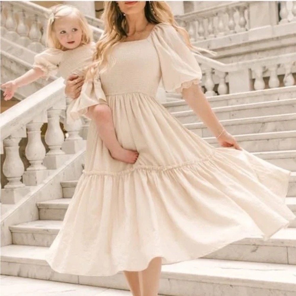 Ivy City Co Cream Midi Dress with Puff Sleeves